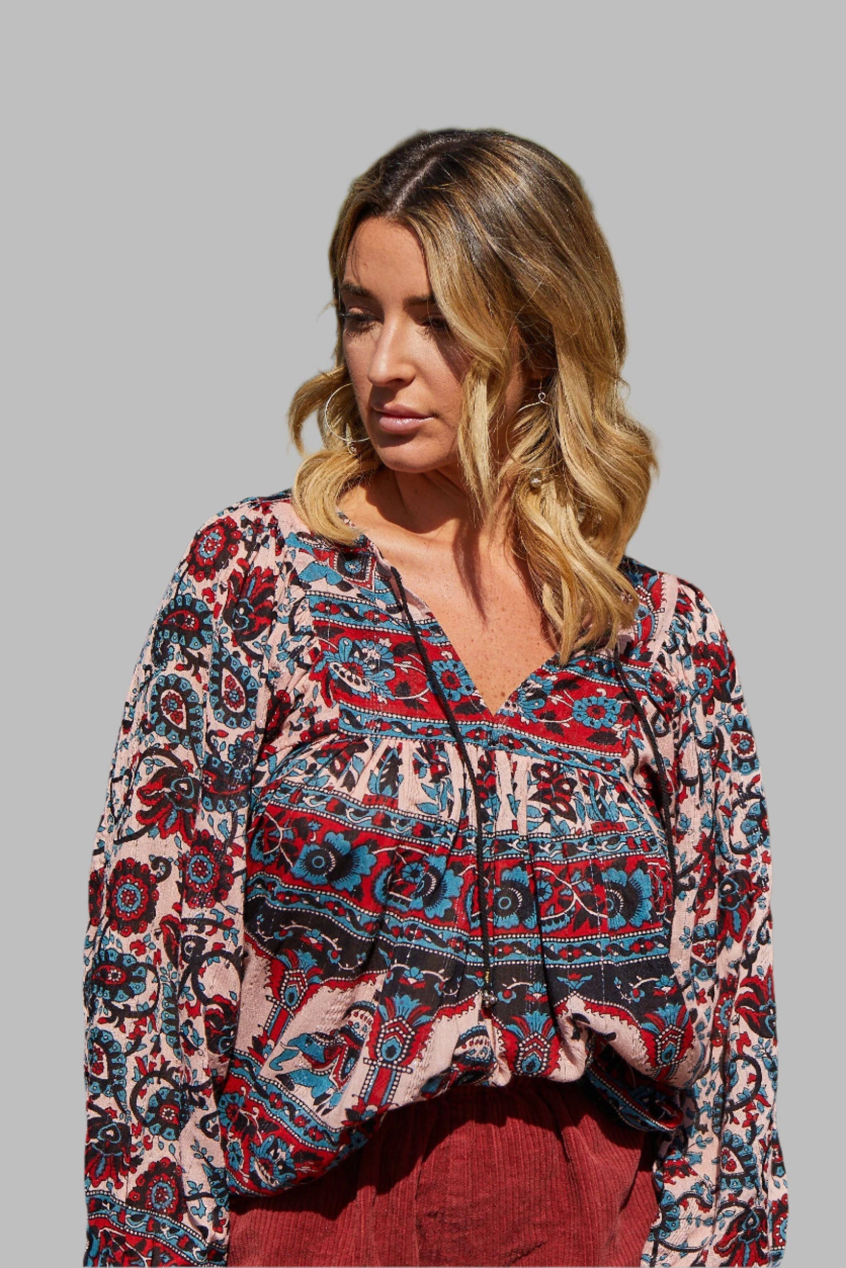 Luna Printed Blouse Blue/Red With Lurex