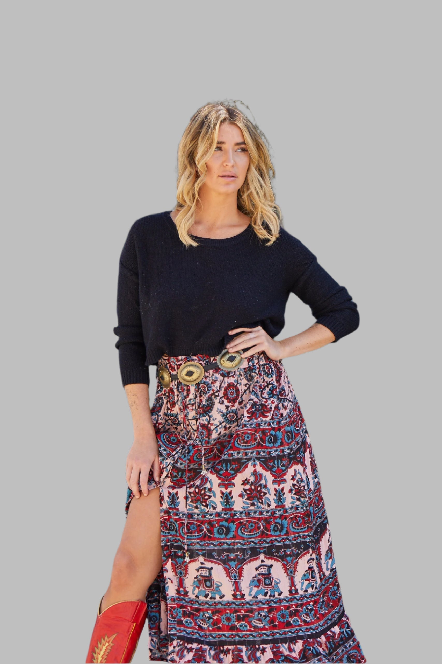 Luna Printed Long Skirt Blue/Red With Lurex