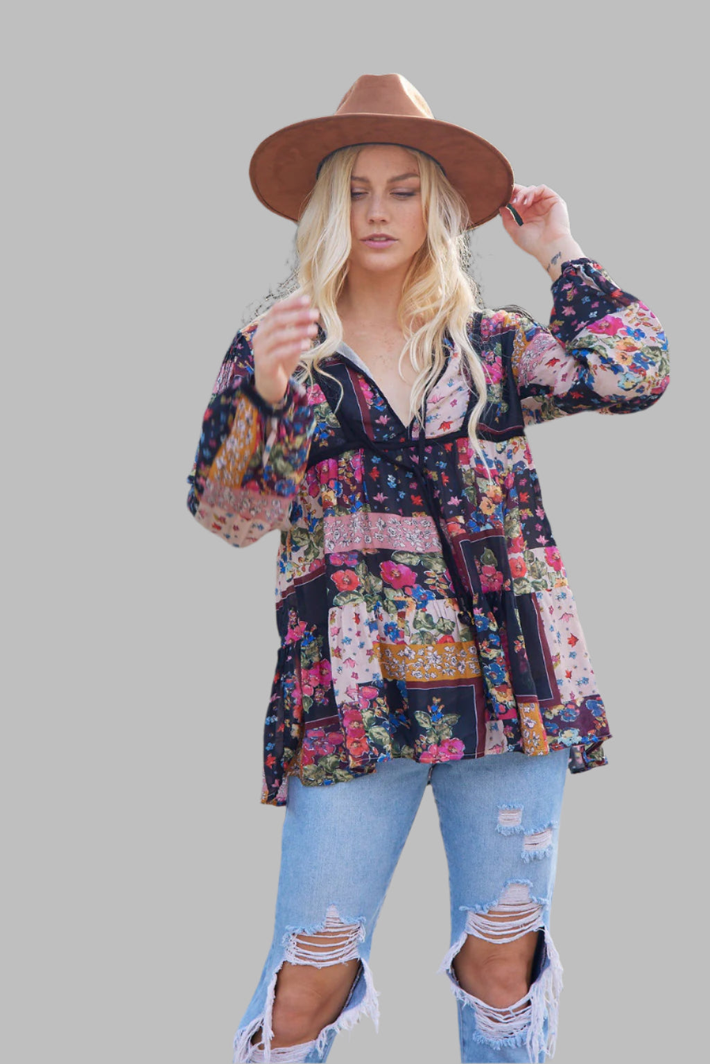 Luana Printed Blouse Patchwork Black