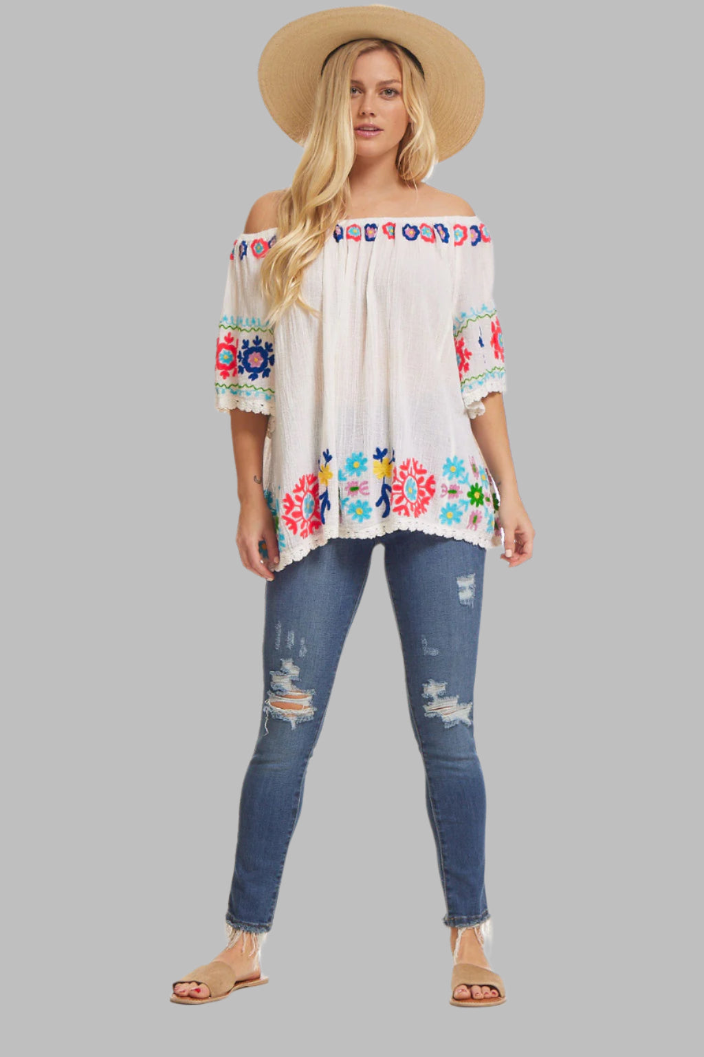 Eloise Embroidered Tunic Off Shoulder Natural/ Multicolor