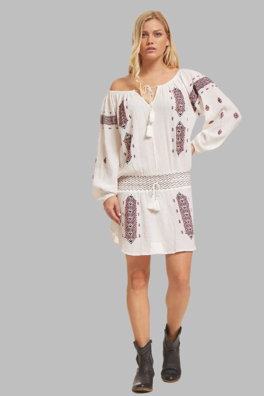 Lisa Embroidered Short  Dress or Tunic Natural/Red