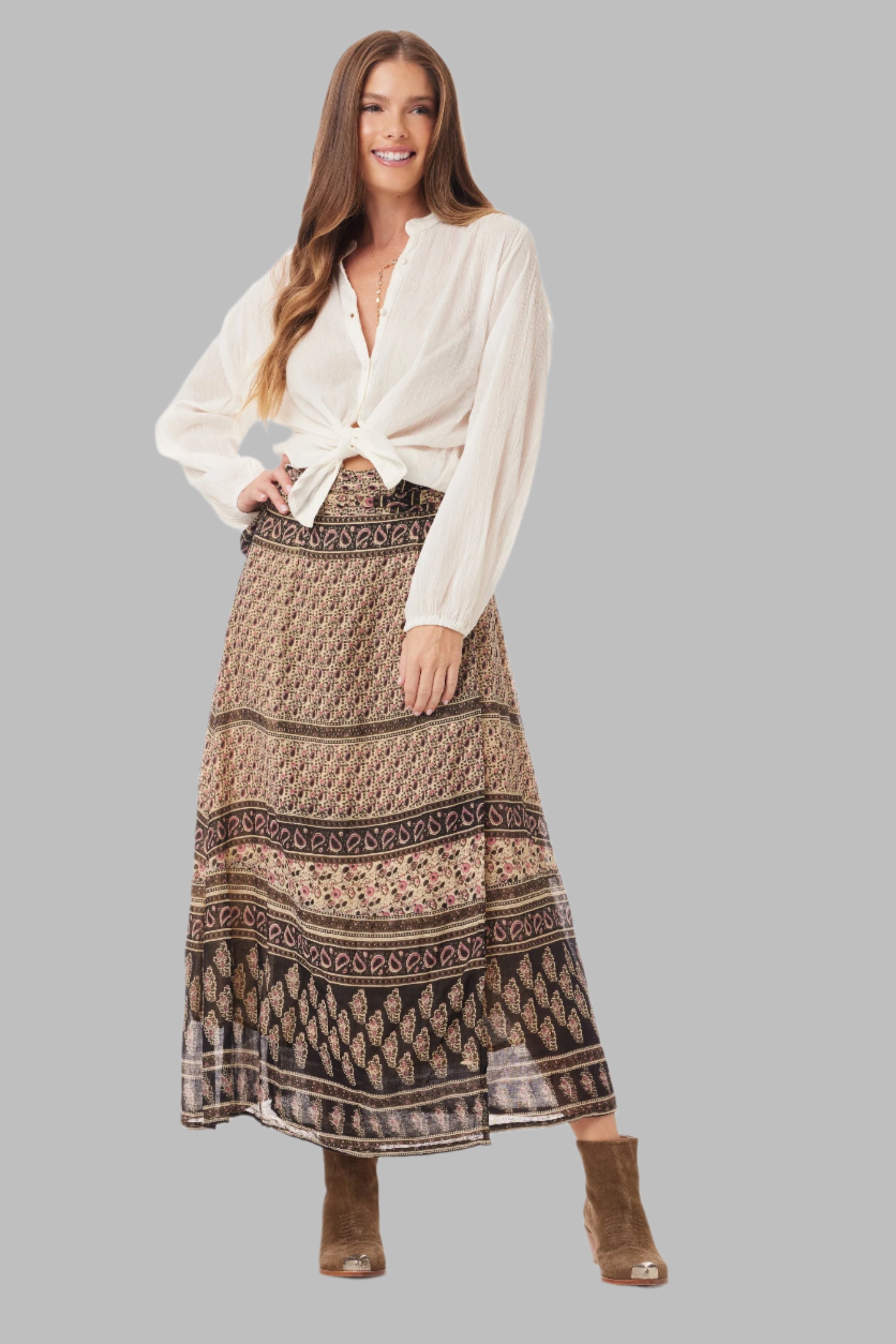 Vanessa Printed Maxi Wrap Skirt Vintage Brown