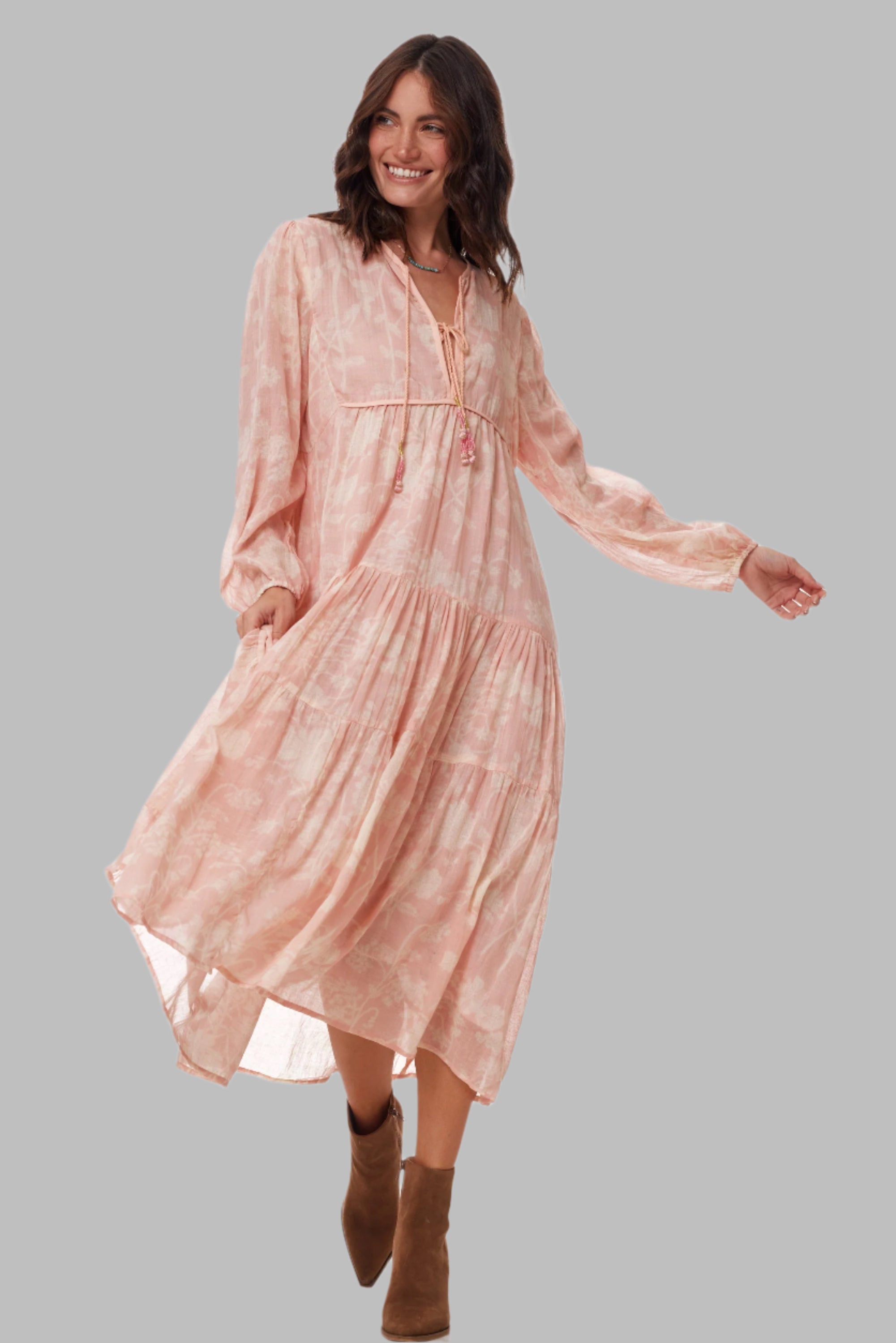 Kayla Printed Long Dress Coral