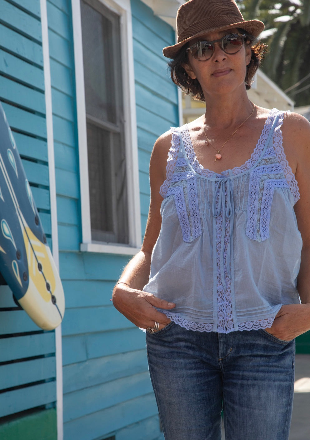Lena Sleeveless Blouse with Lace Blue