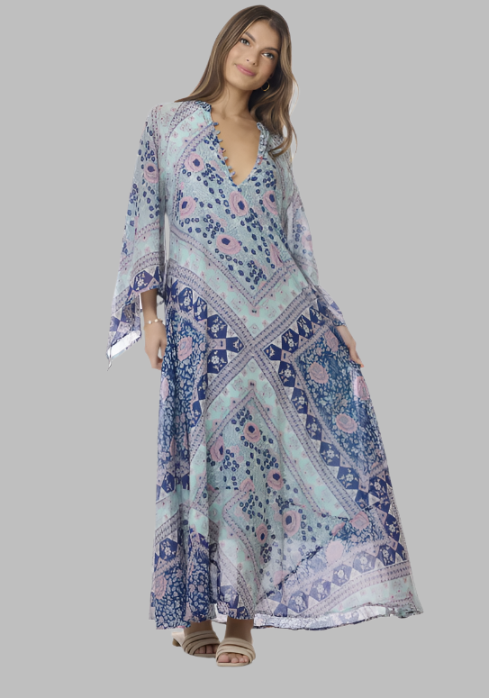 Audrey Maxi Dress Butterfly Sleeves Patchwork Blue