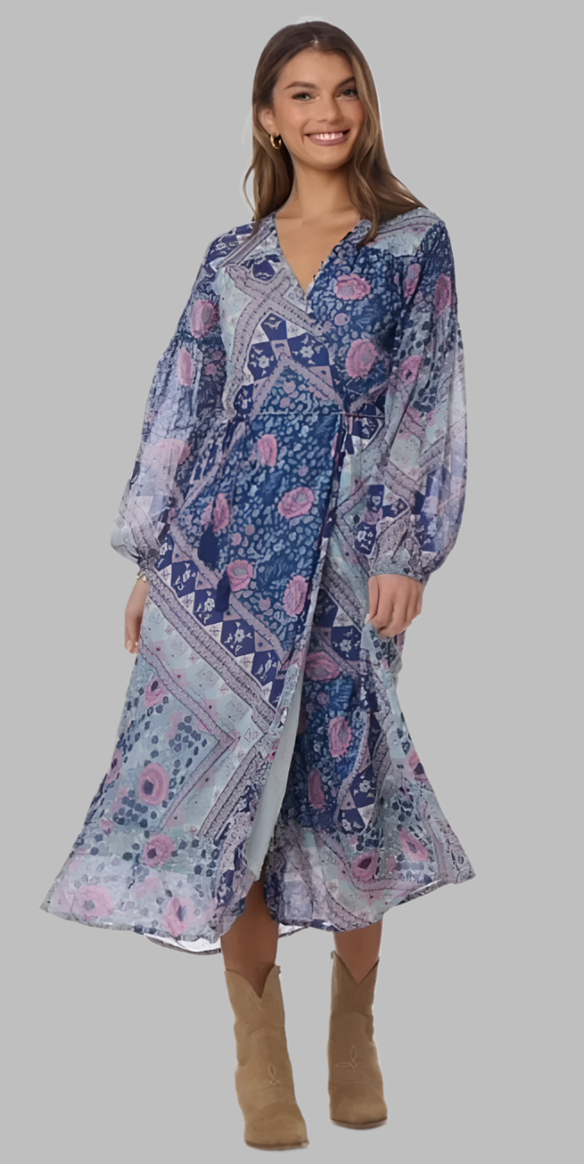 Naomi Printed Maxi Wrap Dress Long Sleeves Blue