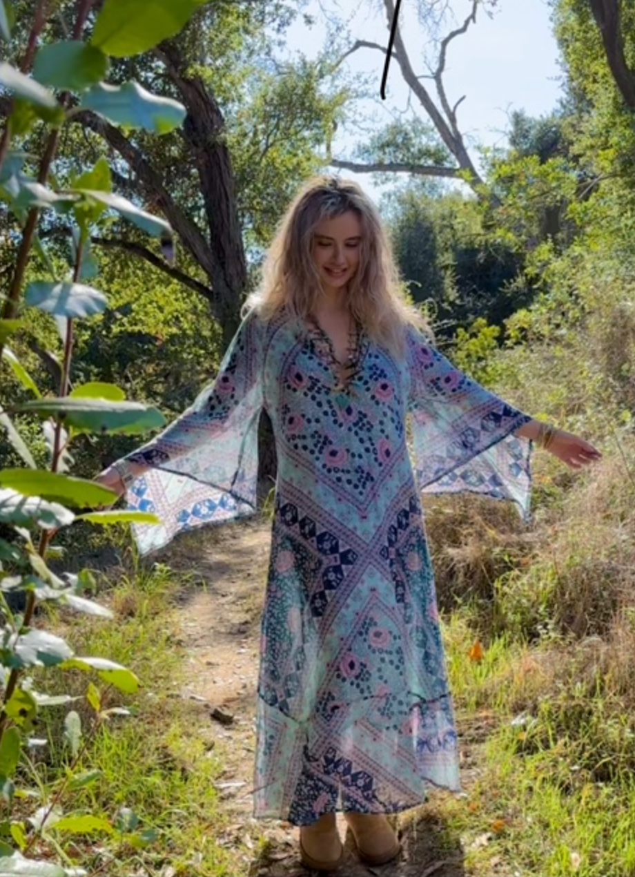 Audrey Maxi Dress Butterfly Sleeves Patchwork Blue