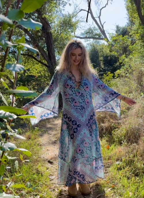 Audrey Maxi Dress Butterfly Sleeves Patchwork Blue