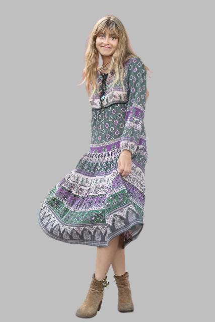 Luna Printed  Long Dress Green/Purple With Lurex