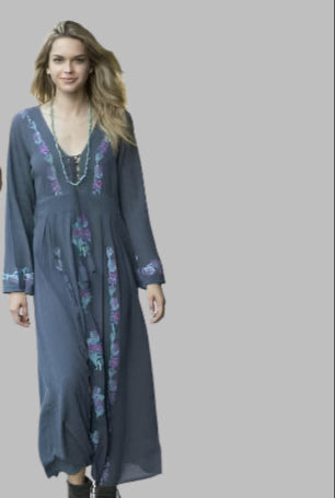 Thea Embroidered Maxi Dress Grey/Turquoise